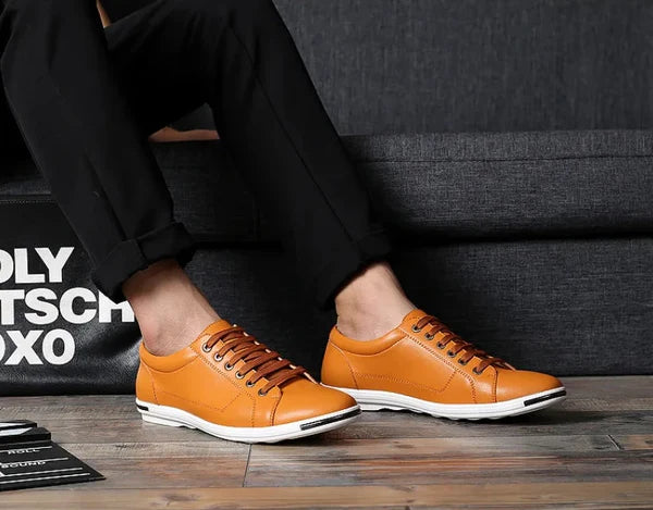 Men's white leather low-top sneakers casual dress shoes