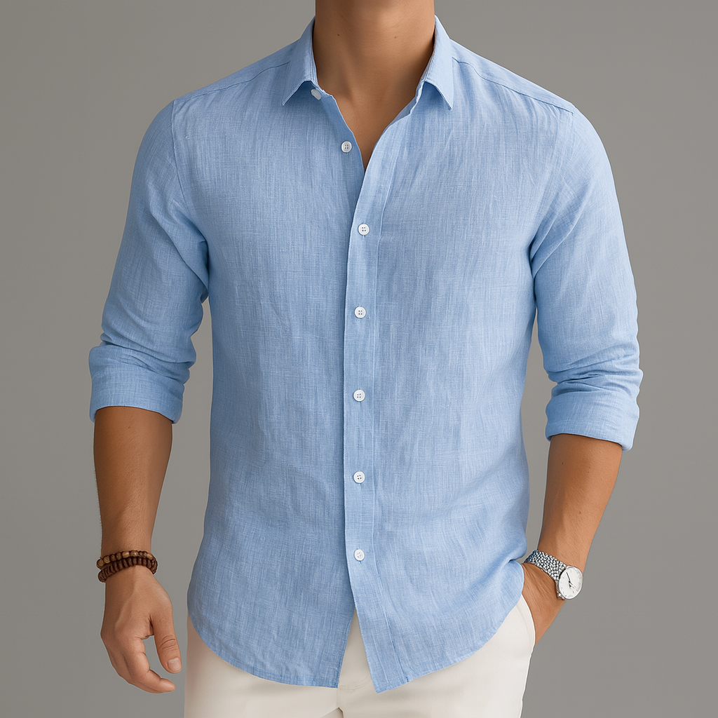 Men's white linen button-up summer shirt