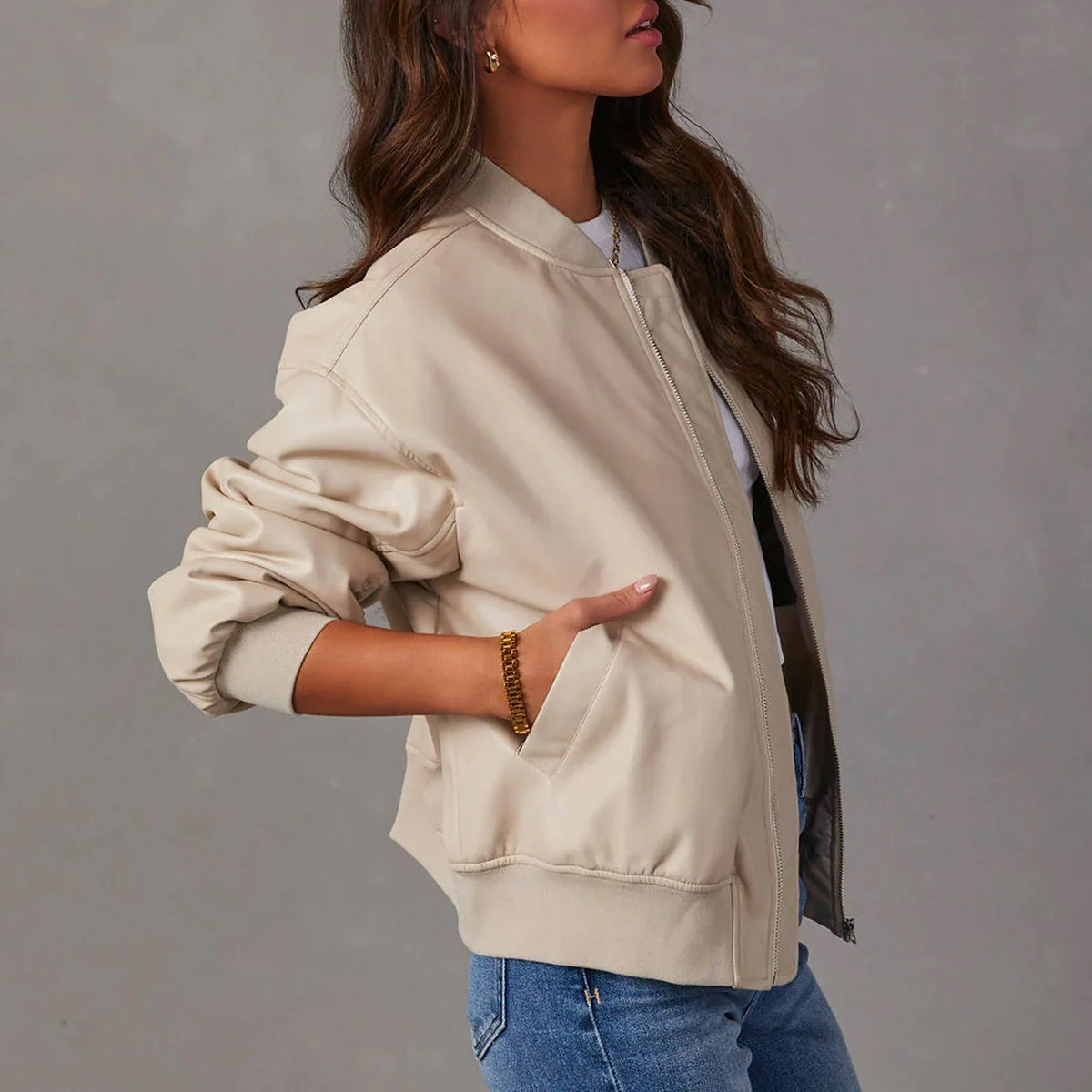 Emery vegan leather bomber jacket, back view