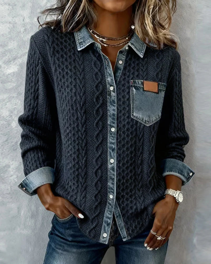 Women's dark blue long sleeve shirt with denim patchwork