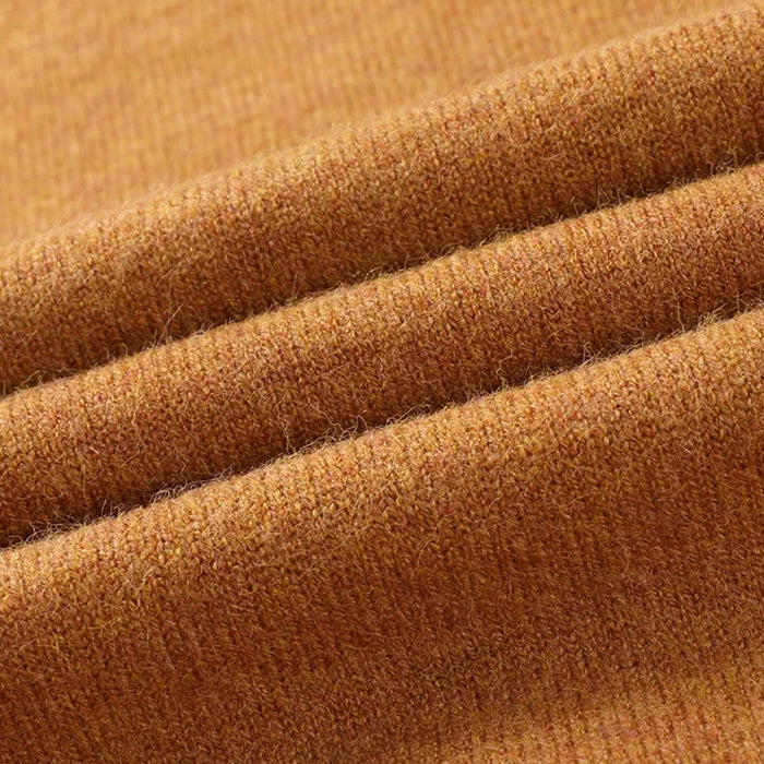 Men's beige knit pullover sweater with polo collar and ribbed hem