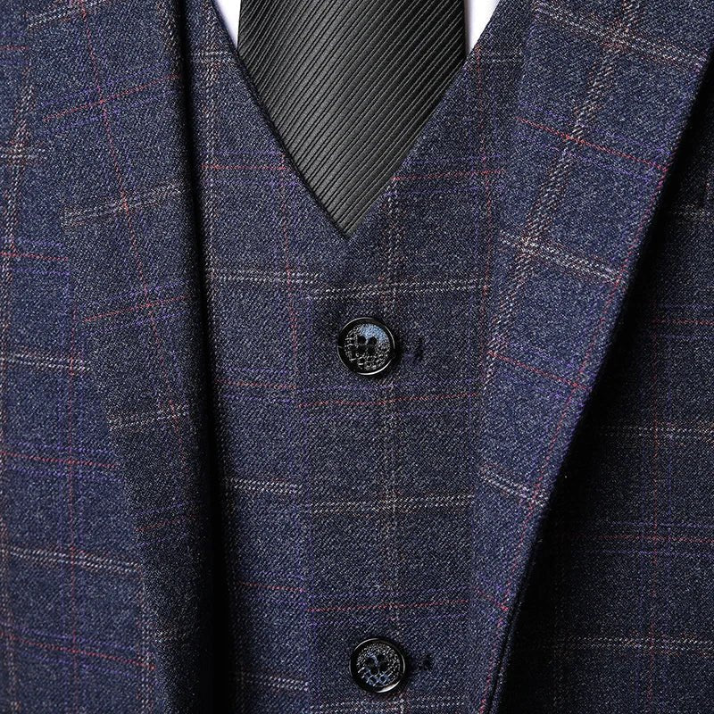 Men's navy blue windowpane check three piece suit