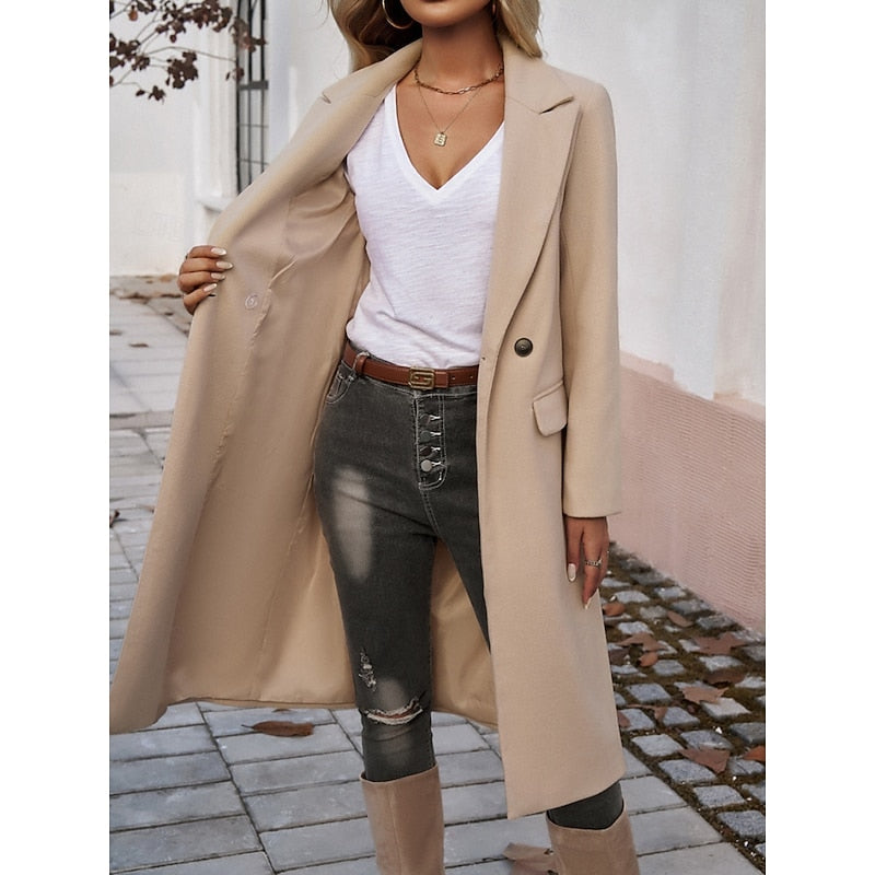 Apricot Turndown-Collar Longline Winter Coat with Single-Button Front