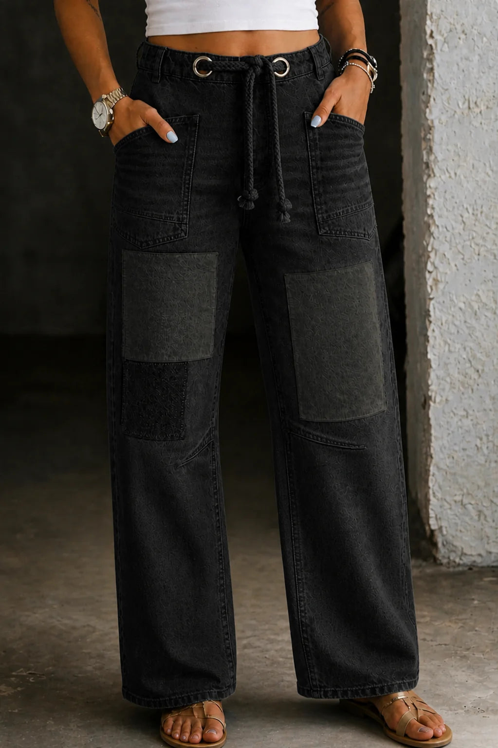 Women's black wide-leg patchwork drawstring jeans