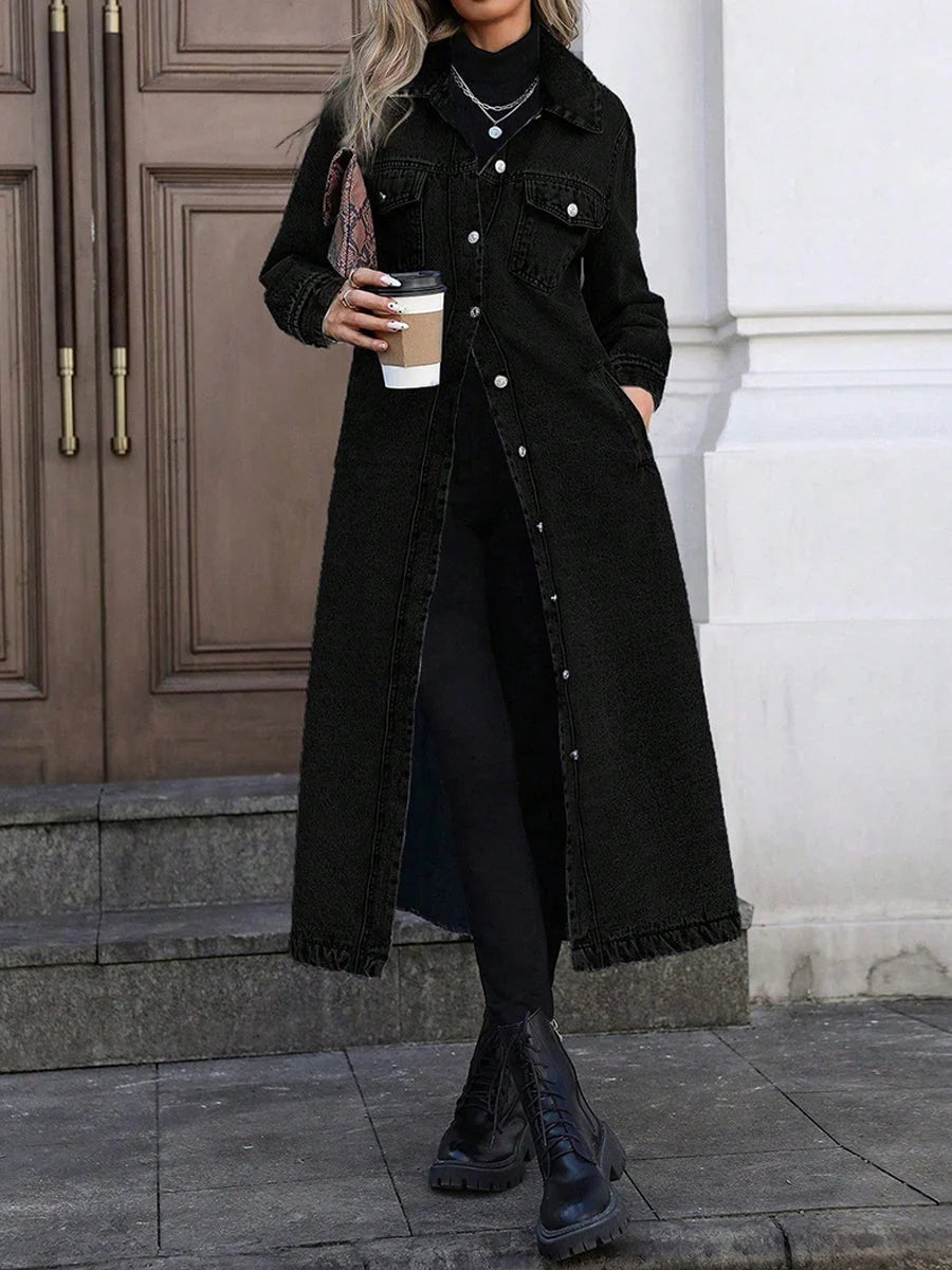 Women's black long denim jacket with button front