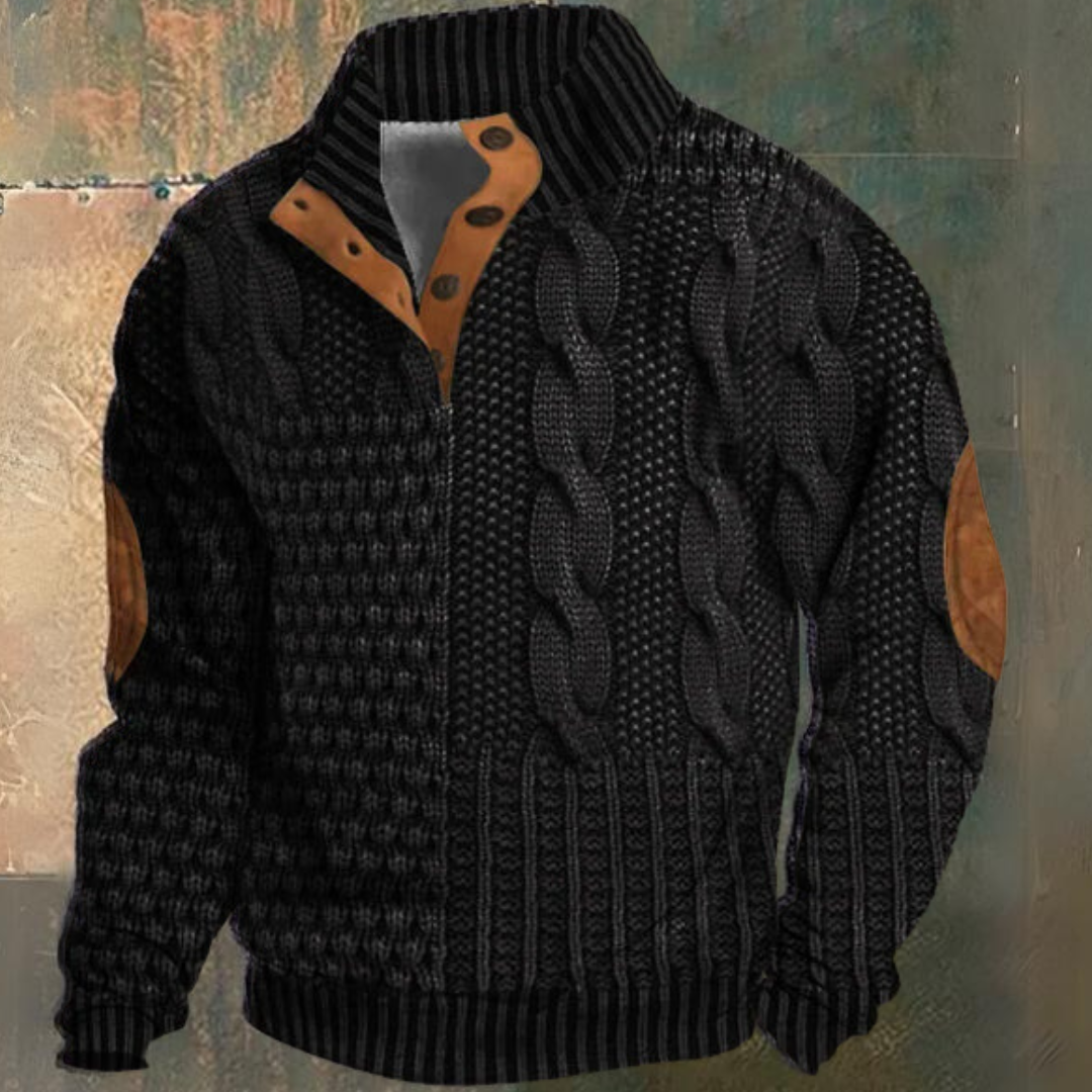 Men's cable knit quarter-zip sweater in dark brown