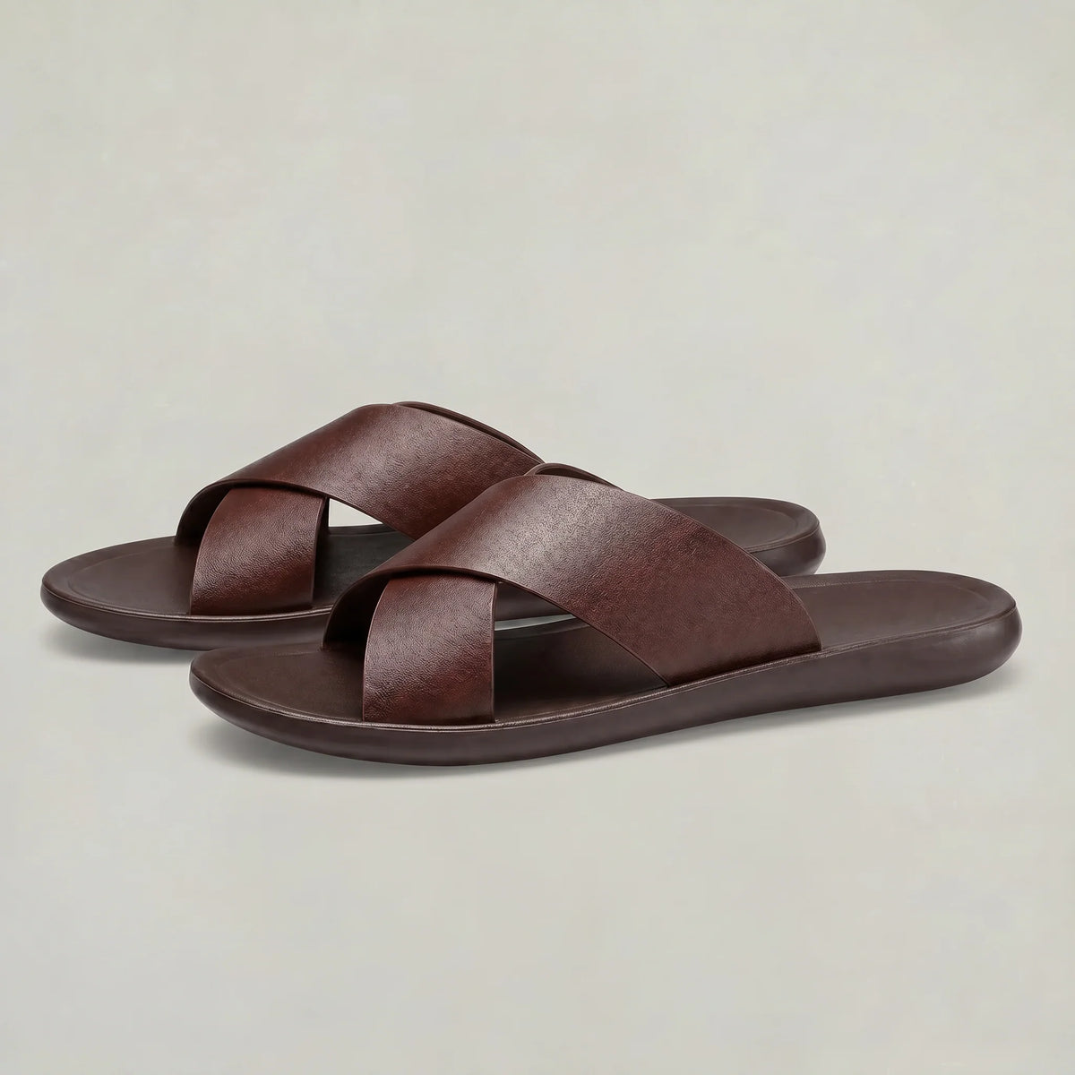 Men's black cross strap sandals, top view