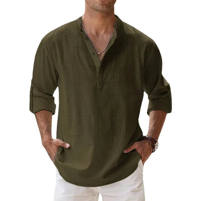 Men’s Linen Henley Shirt Relaxed Fit Summer Button Neck Top 7