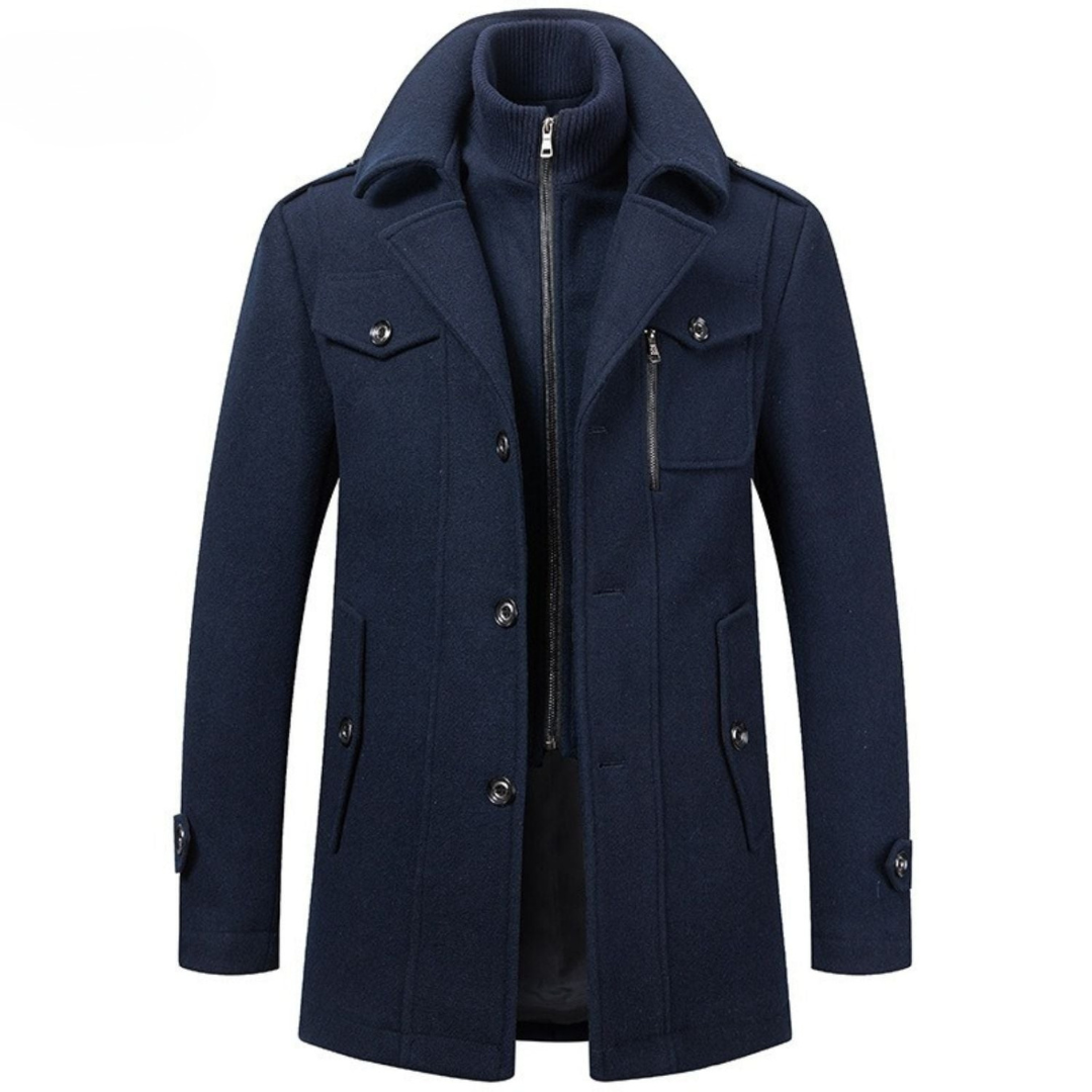 Men's long winter coat in navy blue