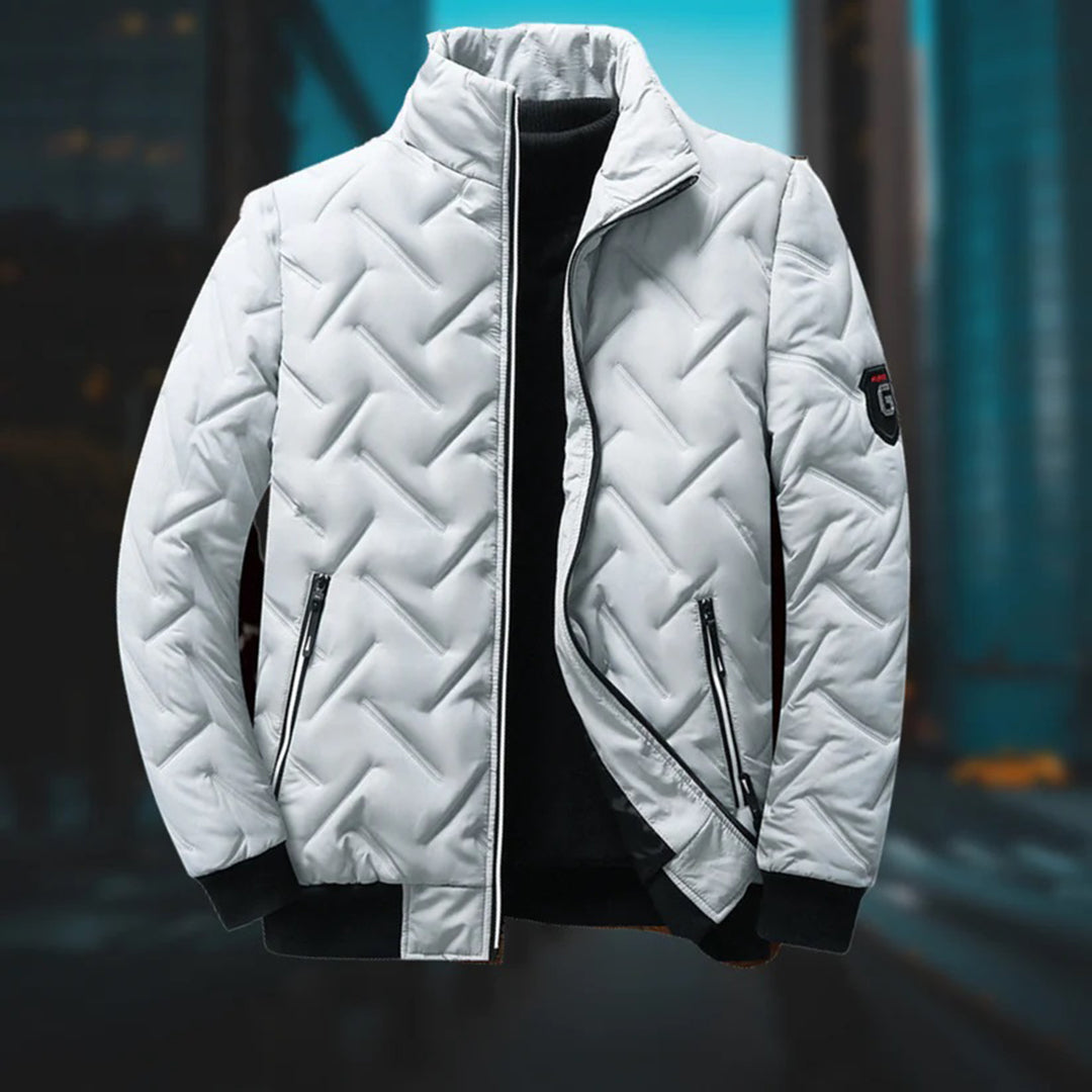 Men's black quilted zip-up jacket with stand collar