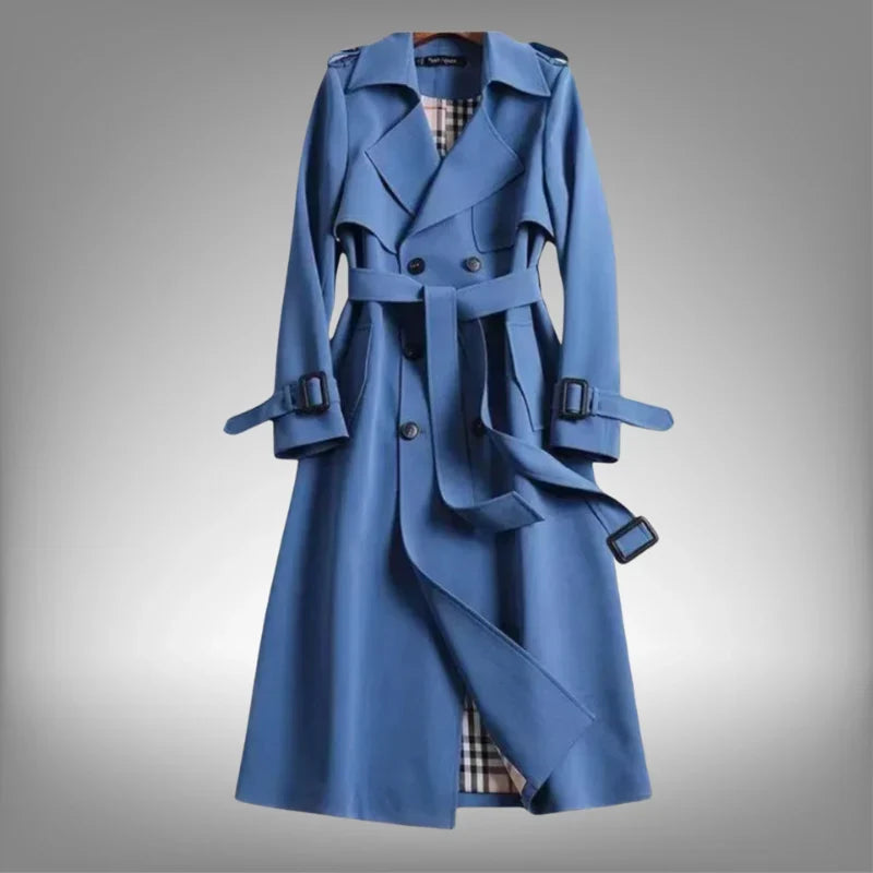Blue Modern Belted Double-Breasted Trench Coat