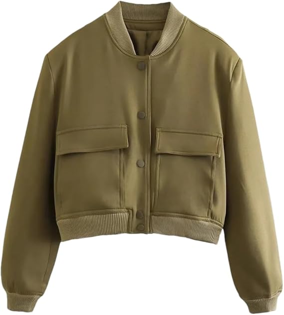 Olive Oversized Bomber Jacket with Ribbed Collar and Cuffs