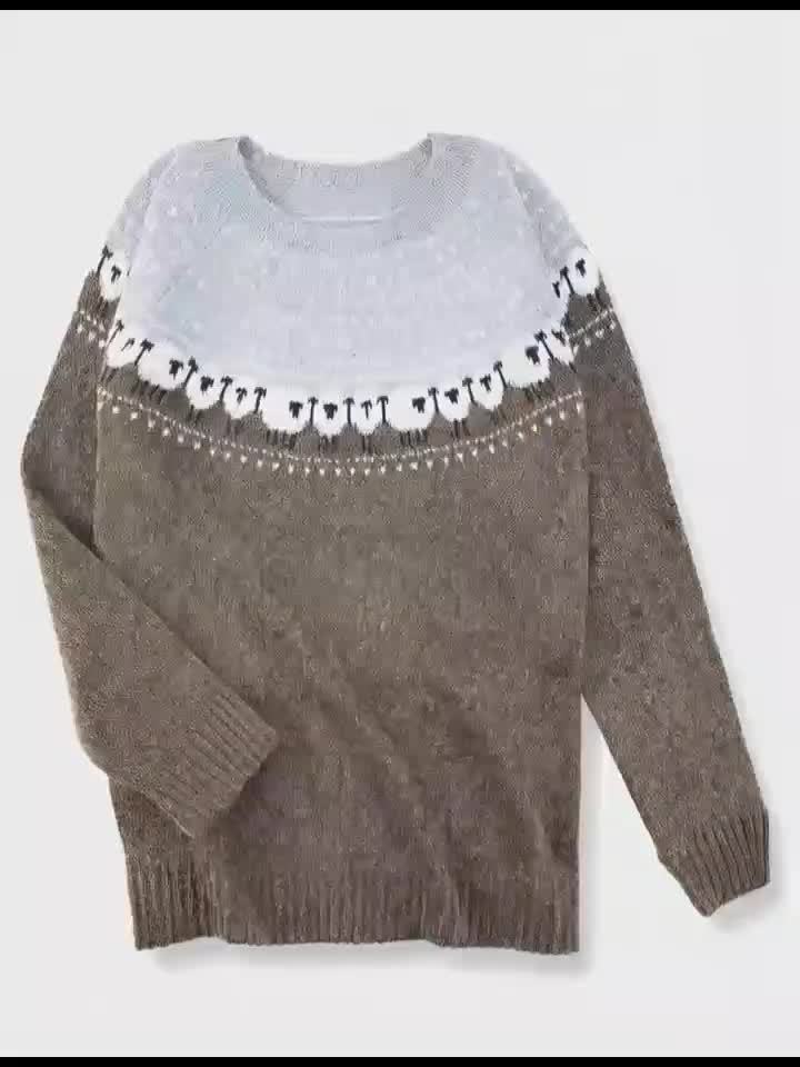 Gray thick knit sweater with sheep jacquard pattern