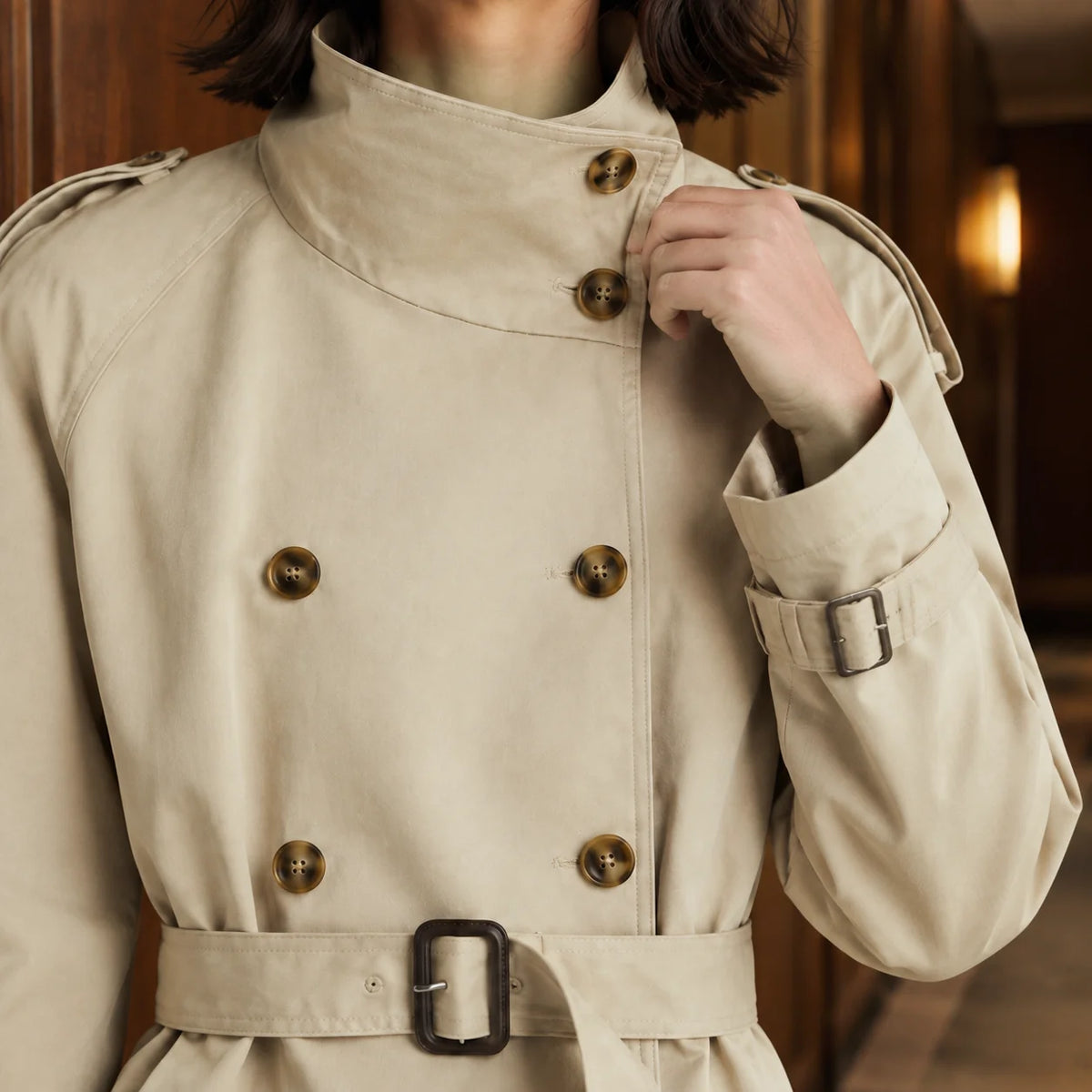Violet cropped trench jacket worn, lifestyle shot