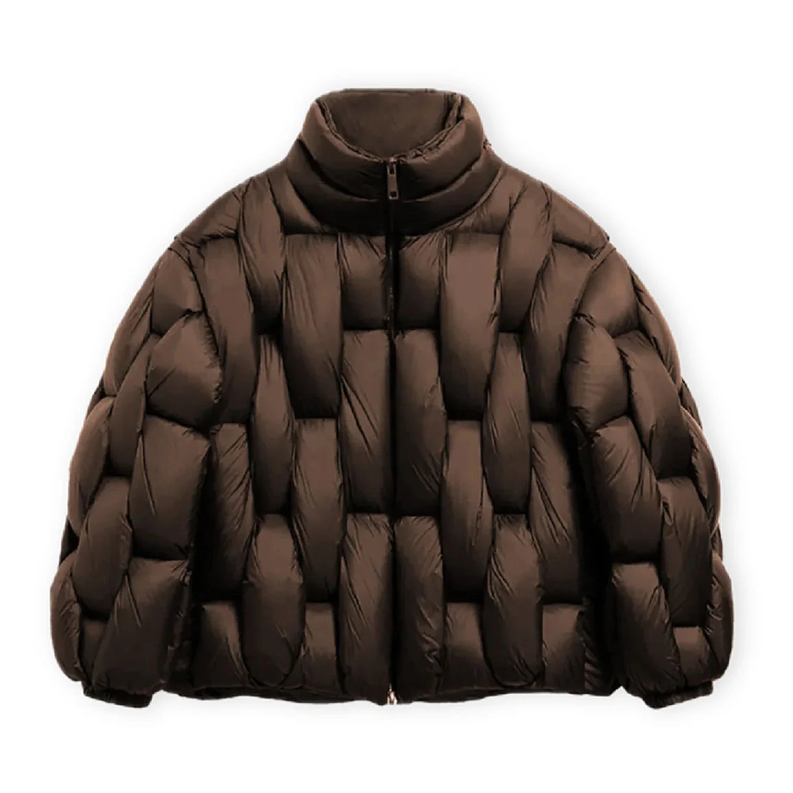 Coffee oversized puffer jacket with 3D hexagon pattern