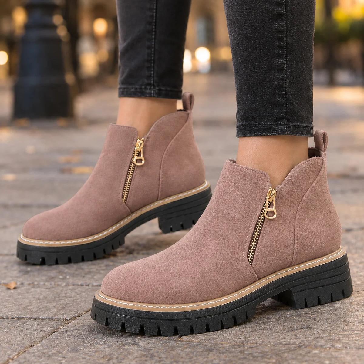 Women's suede ankle boots with gold-tone side zip detail