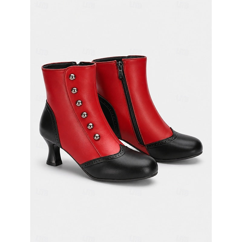 Black / Red Vintage Buttoned Ankle Boots with Round Toe