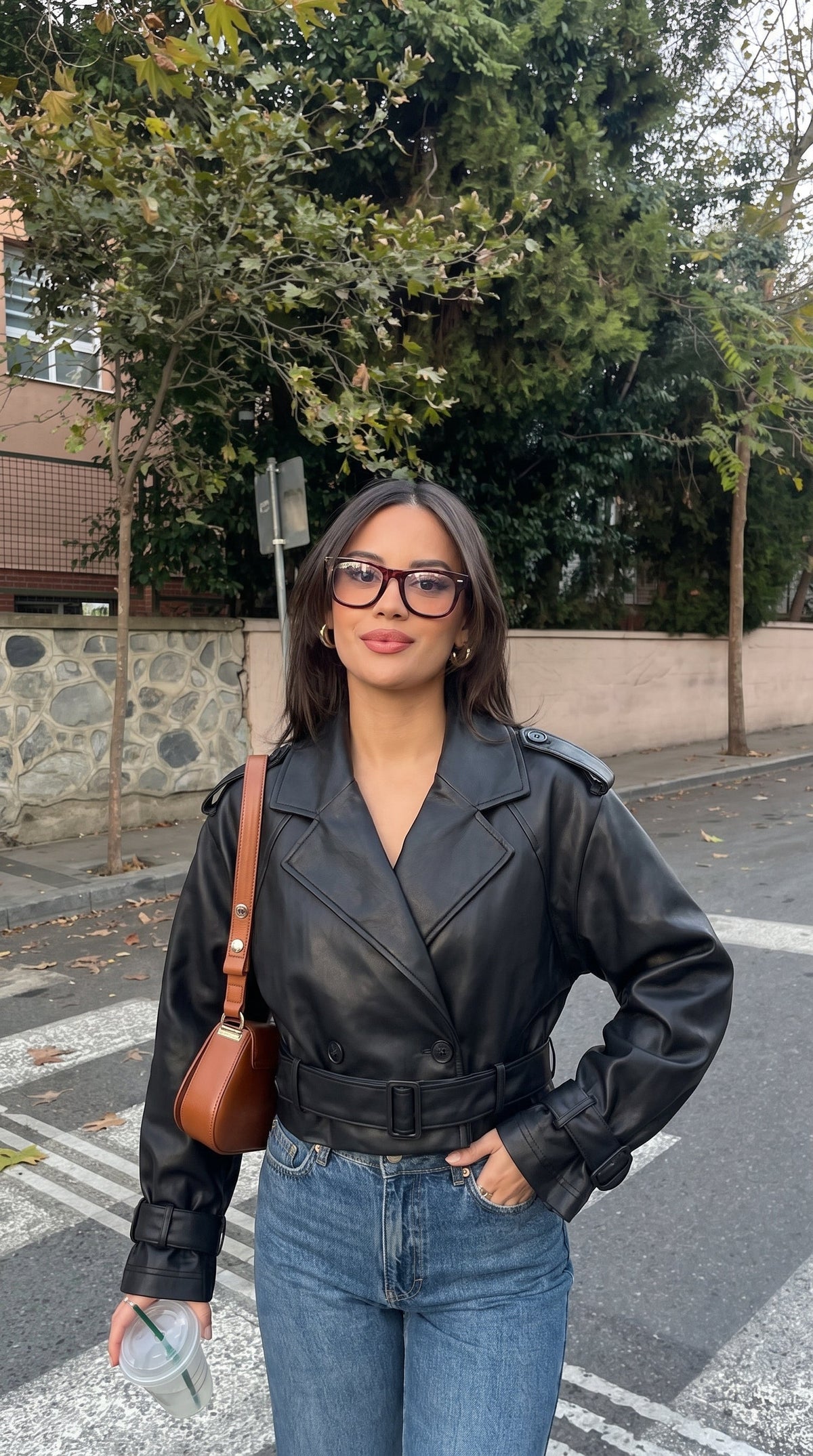 Black Cropped Faux Leather Trench Jacket, Bold Silhouette – view 4