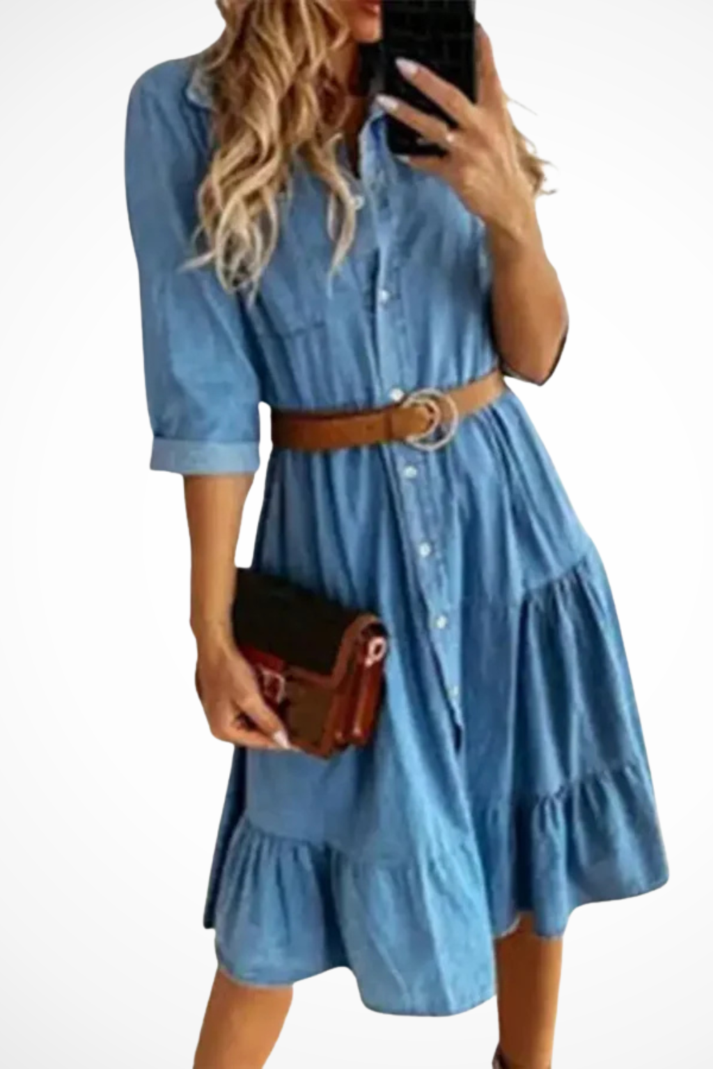 Women's blue denim tiered midi shirt dress with belt