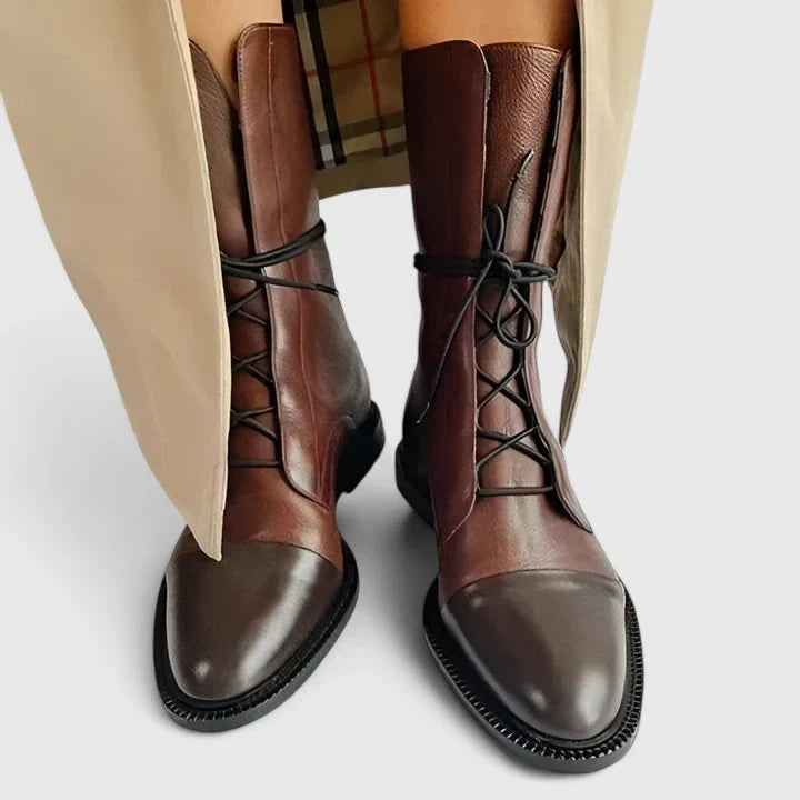 Women's cushioned leather lace-up cap-toe combat boots in brown
