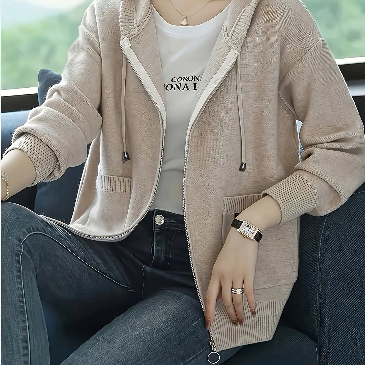 Women's Hooded Zip Cardigan, Winter Knit Layer