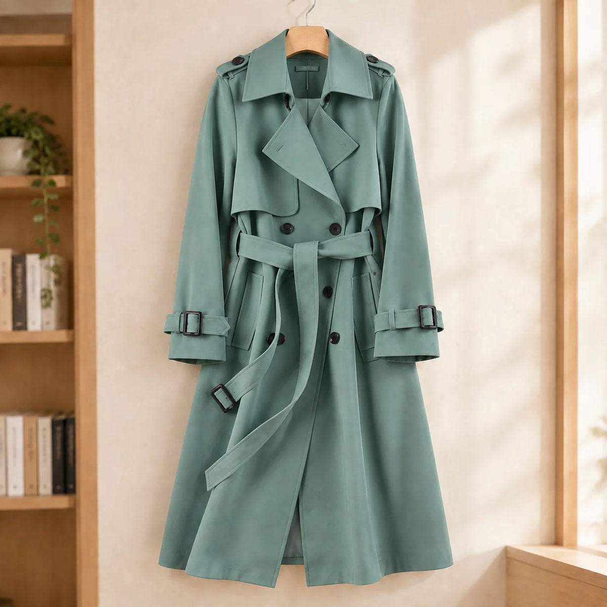 Women's black trench jacket, close-up of wide lapel