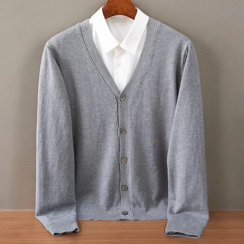 Men's gray cashmere cardigan, ribbed V-neck button-front