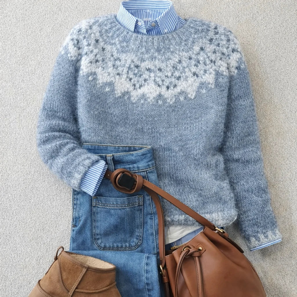 Women's blue Nordic knit sweater with ribbed hem