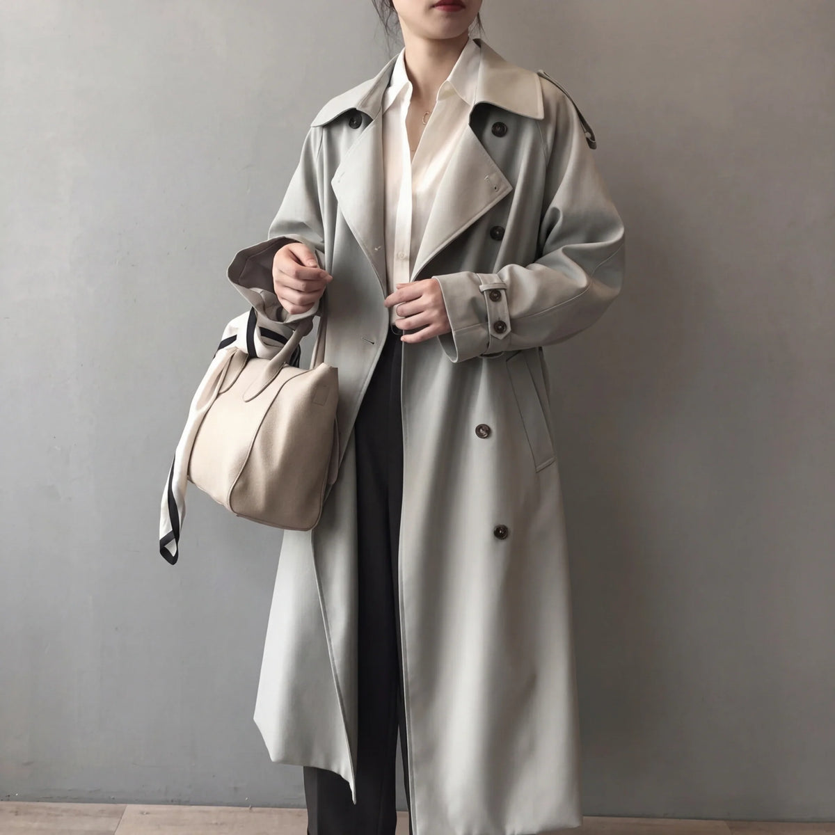 Natalie trench coat worn, lifestyle shot