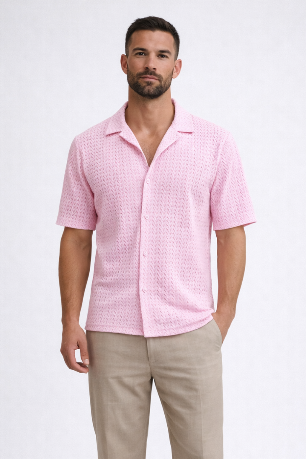 Men's white short sleeve chevron textured summer shirt
