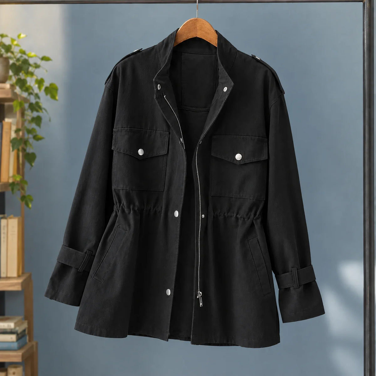 Women's pink utility jacket, close-up of adjustable waist