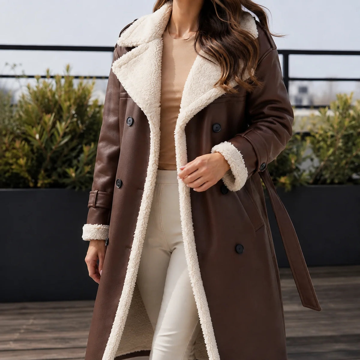 Women's Longline Double-Breasted Coat with Contrast Trim, photo 5