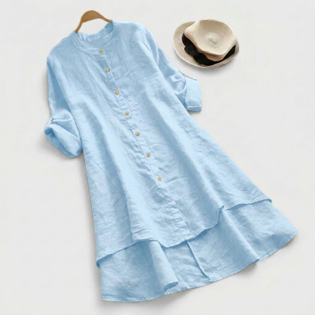 Women's mustard linen button-down shirt dress with layered hem