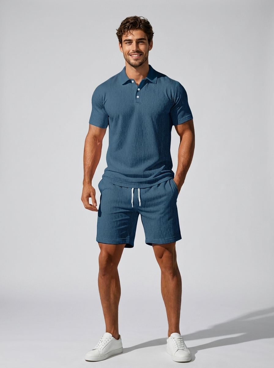 Men's light blue Polo & Shorts Matching Set for Summer