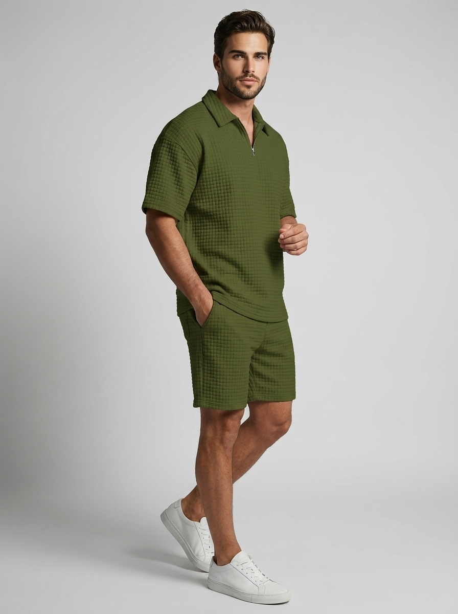 Men's beige Waffle Knit Polo & Shorts Matching Set