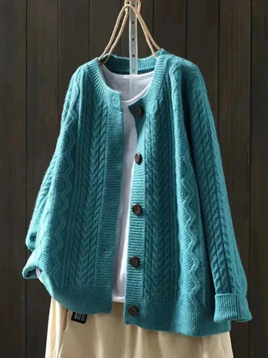 Women's blue oversized cable knit cardigan