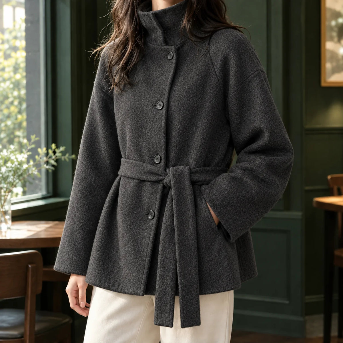 Women's gray cashmere jacket, close-up of stand collar