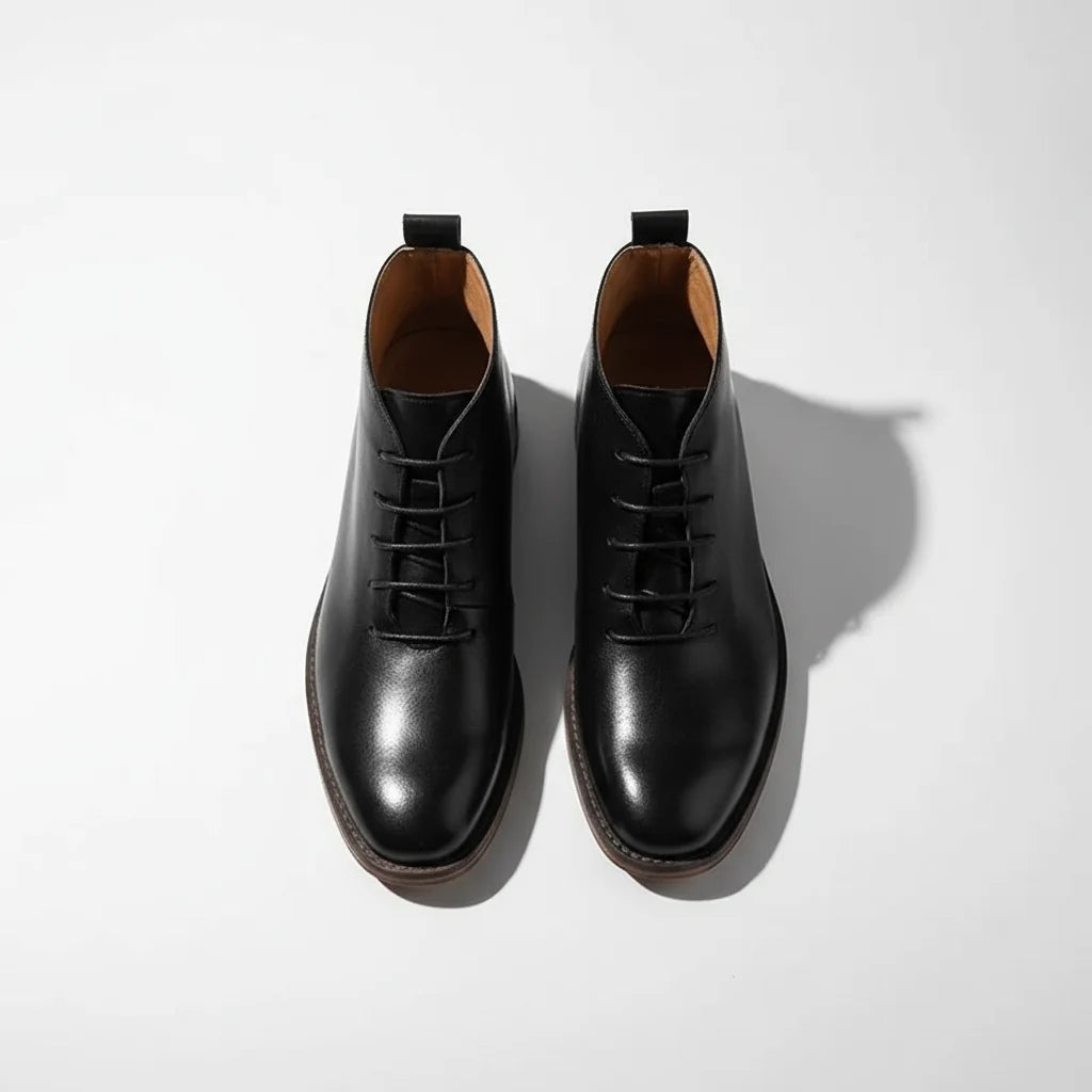 Men's black leather boots, front detail