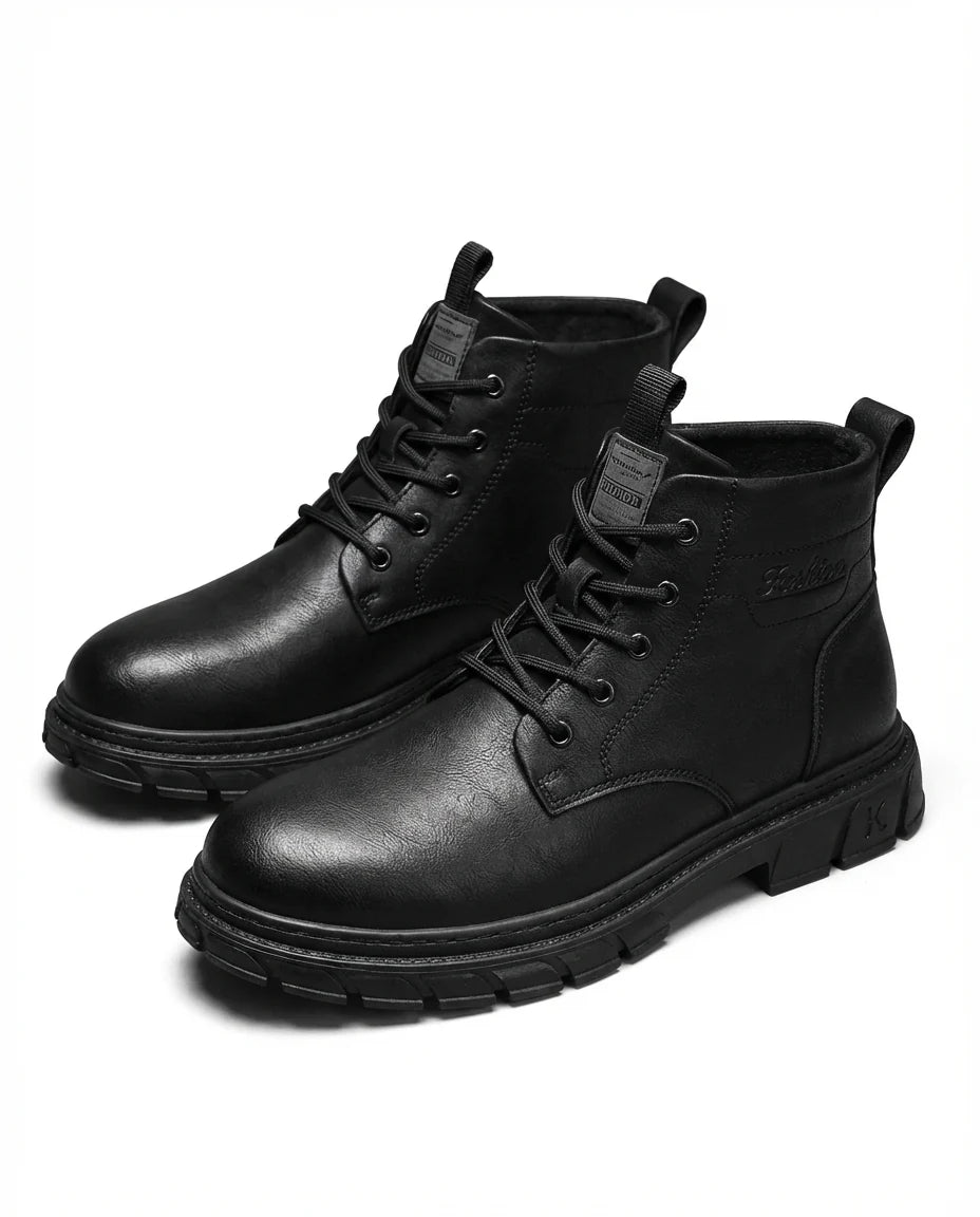David rugged leather boots worn, lifestyle shot
