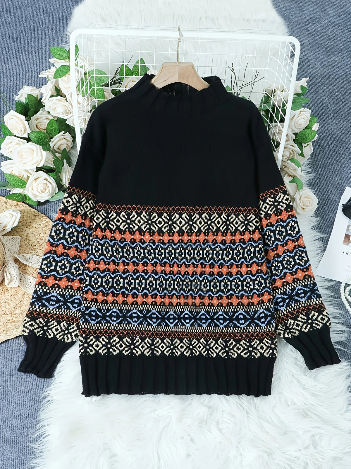 Women's Jacquard Sweater, Vintage Loose-Fit Knit Top