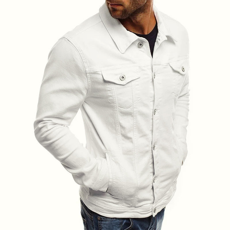 Men's green slim fit denim trucker jacket in cotton blend with chest pockets