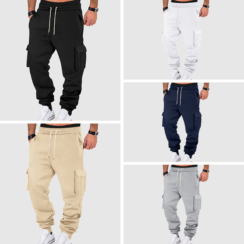 Men's beige plush fleece utility cargo pants with tapered leg