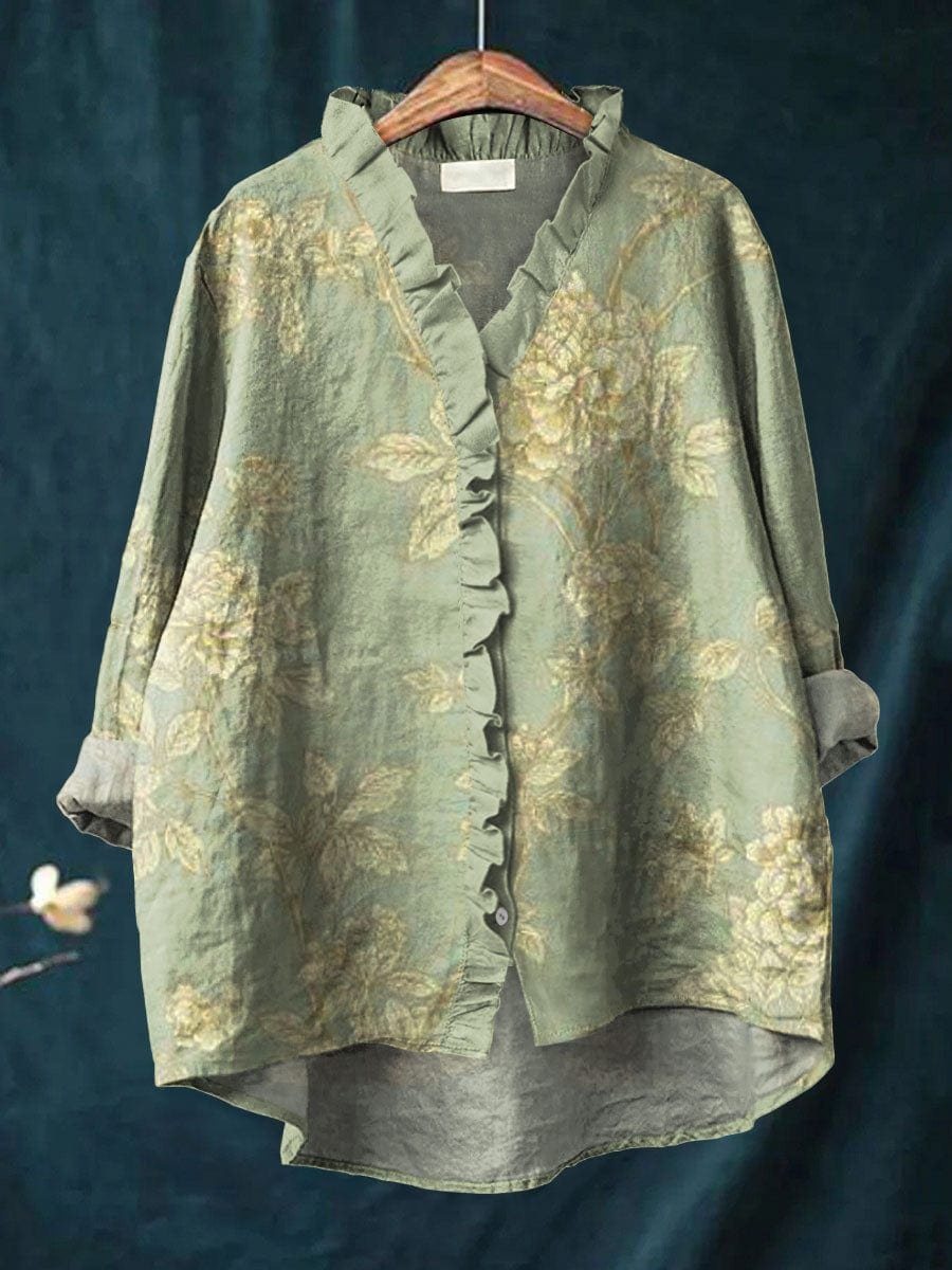 Women's vintage floral linen blend blouse with ruffle neckline