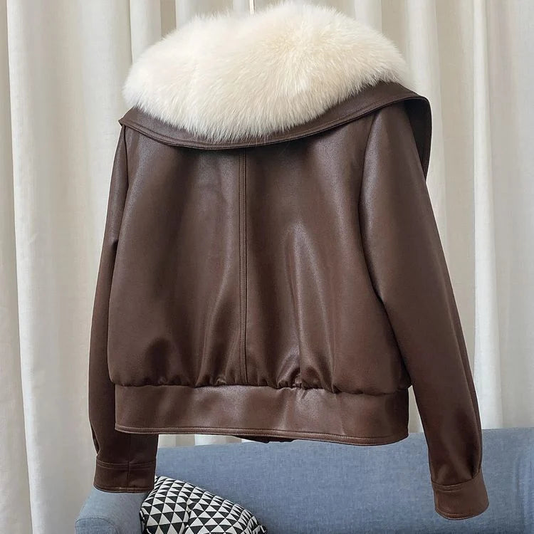Rosalie faux fur collar jacket worn, lifestyle shot