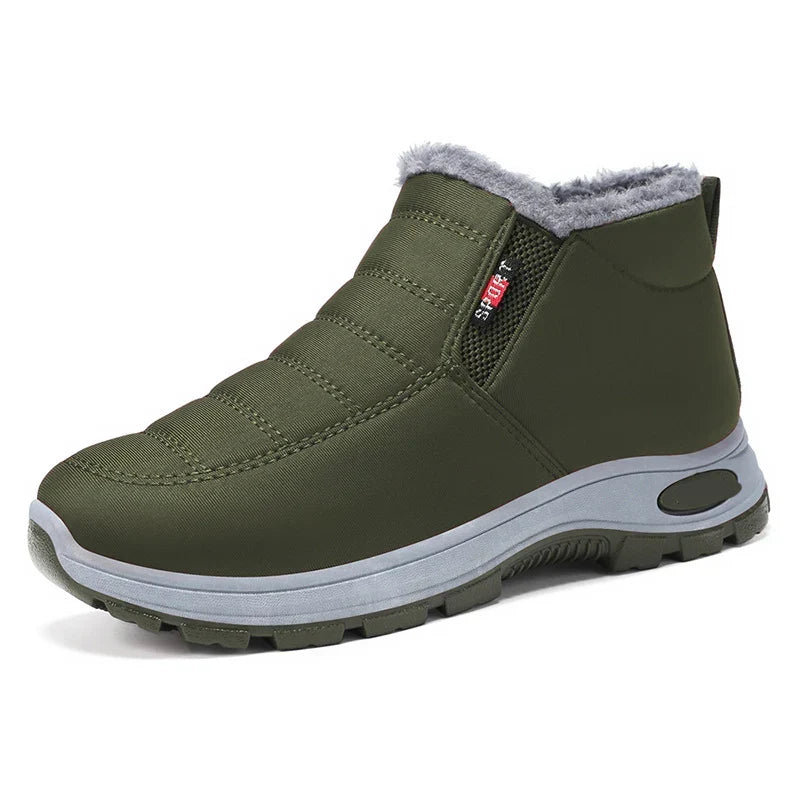 Women's olive green waterproof slip-on ankle boots with plush lining