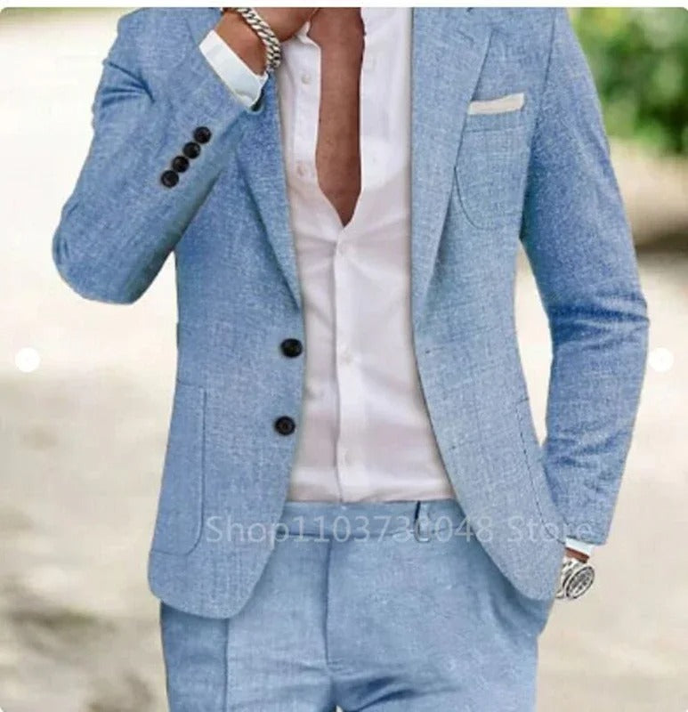 Men's beige two piece linen suit with blazer and pants