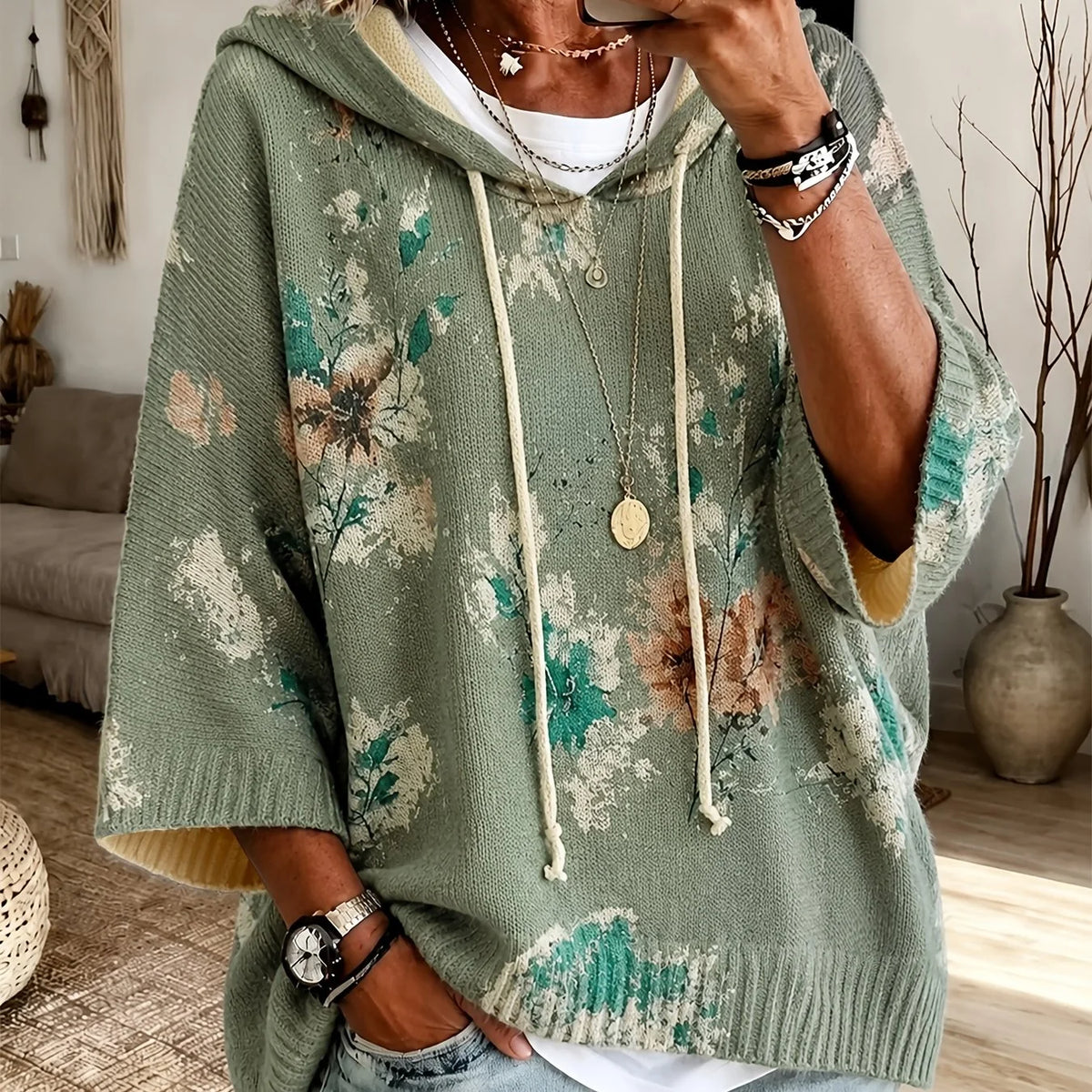 Women's Hooded Floral Sweater, Cape-Sleeve Knit Top
