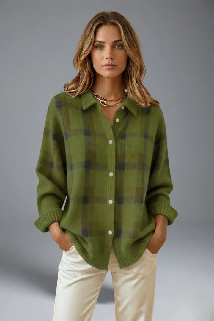 Women's green plaid cardigan with pointed collar