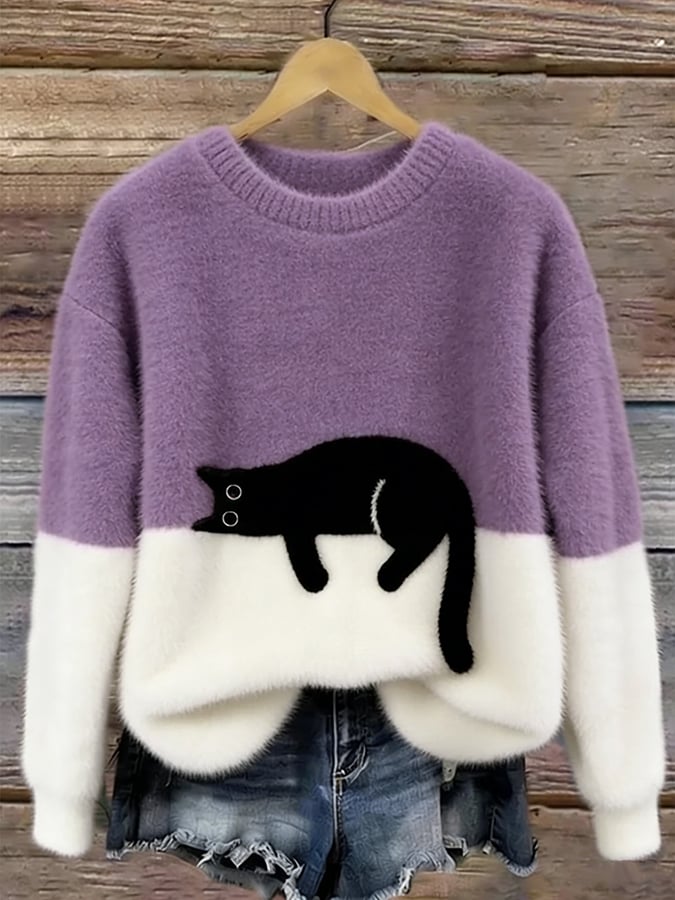 Women's cat print pullover sweater in blue