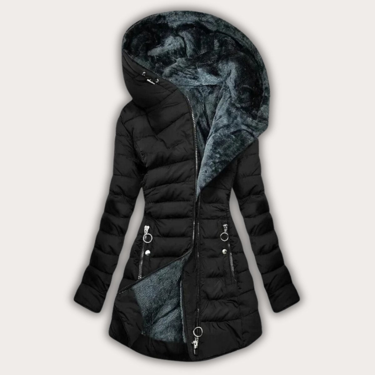 Women's mint green faux fur-lined hooded puffer coat